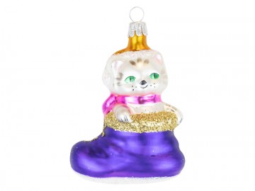 Vánoční ozdoba zvířátko perleťová, kotě v botě