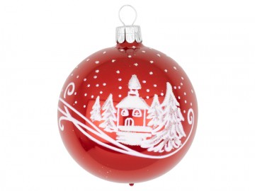 Vánoční koule červená porcelánová, krajina
