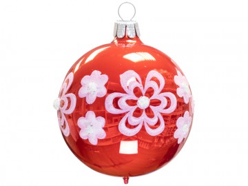 Vánoční koule červená porcelánová, kvítka středem
